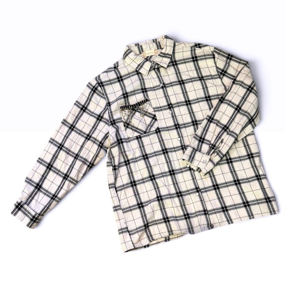Altard State Plaid Button Down Cotton Shirt Cream Black Rhinestone pocket Fringe